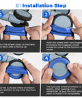 Blue silicone luggage wheel covers for 2–2.4-inch spinner wheels; 8-pack, installation steps collage