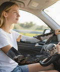 Stay Fly In The Heat Cooling Arm Sleeves For Sun Ray Blocking And Summer Workouts Engineered With Stretchy Ice Silk Material worn by a woman driving.