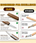 Comparison of wood carving kit features: ergonomic walnut handle, no rust steel blade vs inferior handles and blades.