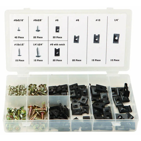 170 Piece Heavy Duty U Clip And Screw Assortment Wire Organization Kit For Cable Routing Home Theater And Garage Setup To Tame Messy Wires And Finish Jobs Without A Hitch in a plastic storage case.