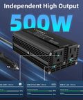Road Warrior Approved 500 Watt Power Inverter For Cars Converting DC 12V To 110V AC with dual AC outlets and USB ports showcased.