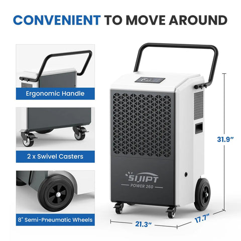 Commercial Dehumidifier With Pump For Large Basements, Commercial Spaces, And Industrial Areas, 260 Pint Capacity with handle and wheels.