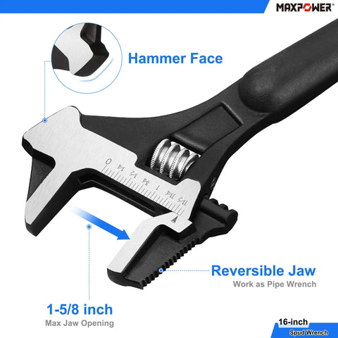 16 inch spud wrench showing reversible jaw and hammer face, part of Two Piece Spud Wrench Set With 12 Inch Adjustable Spud Wrench And 16 Inch Spud Wrench With Reversible Jaw And Hammer Head, Heat Treated CR V Steel, Black Phosphate Finish, Built For Tough Plumbing And Mechanical Jobs That Gets The Job Done.