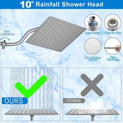 10 inch rainfall shower head with adjustable arm showing 3 Way Diverter Shower Head Kit With Adjustable Extension Arm For A Simple Bathroom Upgrade, 10 Inch Rain Showerhead With 5 Spray Modes And Handheld Option, Leak Free Fit, No Tools Needed features.