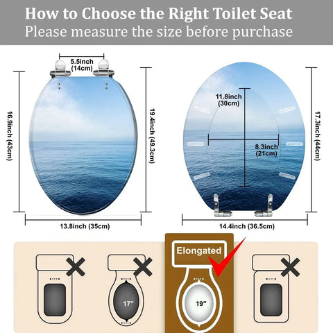 Elongated Resin Toilet Seat for Bathroom dimensions illustration showing sizing options and fitting instructions