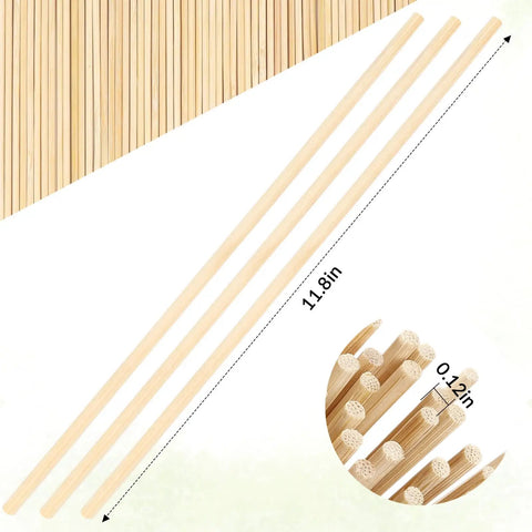 150 Piece Smooth Wooden Dowel Rods 1/8 By 12 Inches Solid Craft Sticks shown in a close-up angled view with dimensions.