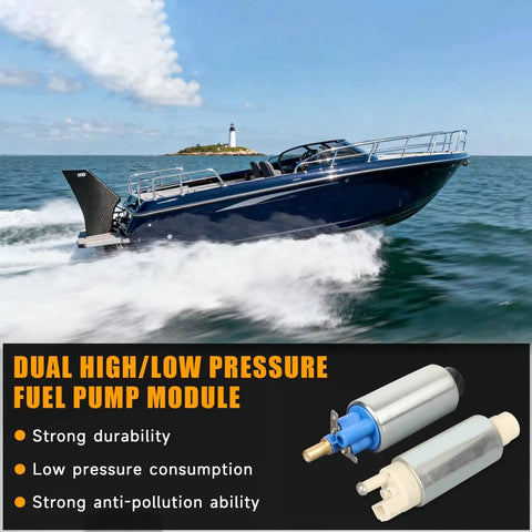 Boat on ocean with Dual High Pressure And Lift Fuel Pump For Optimax DFI Pro XS Racing XS Outboard Engines shown below