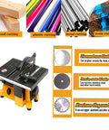 Compact 4 Inch Mini Table Saw For DIY Hobbyists Portable Cutting Tool with blades for wood, plastic, metal, resin cutting.