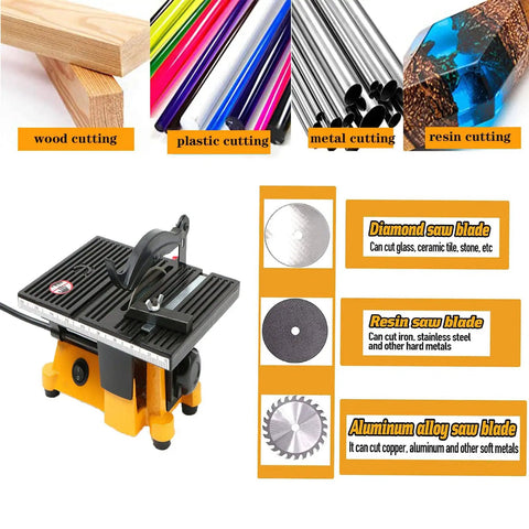 Compact 4 Inch Mini Table Saw For DIY Hobbyists Portable Cutting Tool with blades for wood, plastic, metal, resin cutting.
