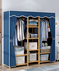 Portable Bamboo Frame Wardrobe Closet With Heavy Duty Nonwoven Cover Double Rod Hanging Clothes Organizer For Dorms And Camping No Sweat Setup That Keeps Your Threads Organized And Looking Sharp, displaying neatly arranged clothes and storage boxes.