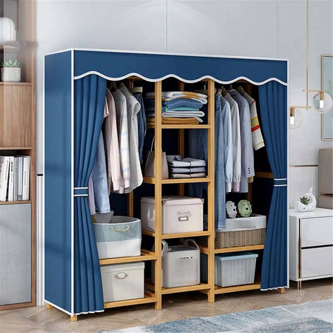 Portable Bamboo Frame Wardrobe Closet With Heavy Duty Nonwoven Cover Double Rod Hanging Clothes Organizer For Dorms And Camping No Sweat Setup That Keeps Your Threads Organized And Looking Sharp, displaying neatly arranged clothes and storage boxes.
