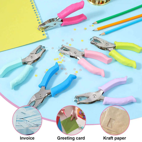 12 Pack Dope Cushioned Grip Single Hole Paper Punch Heavy Duty Hand Tool shown with colorful grips for crafting and scrapbooking