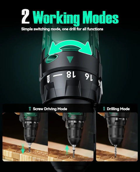 Close-up of drill showing Two 20V 2.0Ah Batteries Cordless Drill Set With 350 In Lb Torque, screw driving and drilling modes.