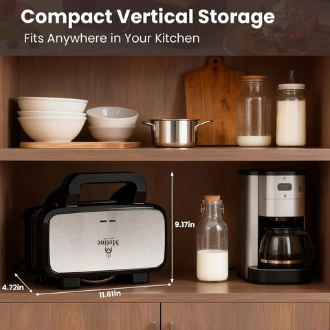 Three In One Waffle Maker with removable plates stored vertically in kitchen cabinet alongside bowls, pot, and coffee machine.