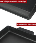 Close-up of 17 by 13 inch cast iron griddle showing grease trough and side handles for gas grills and stovetops.