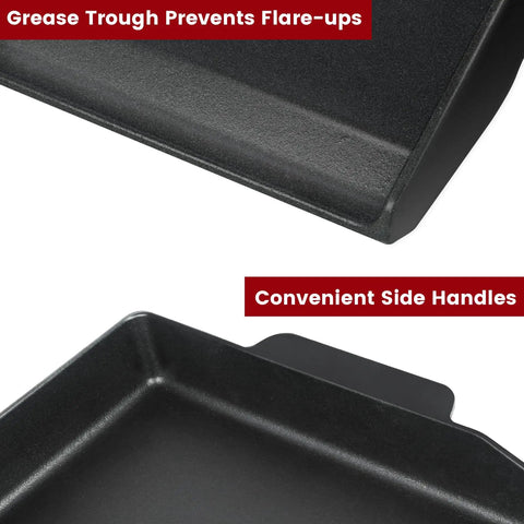 Close-up of 17 by 13 inch cast iron griddle showing grease trough and side handles for gas grills and stovetops.