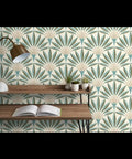 Knockout Modern Geometric Wallpaper With Rock Solid Polyester And Natural Fiber Build Featuring A Slick Linen Finish Pvc Free Heavy Duty Material Worth Every Penny For Busy Homes Or Commercial Renovation Projects in green and beige leaf design.
