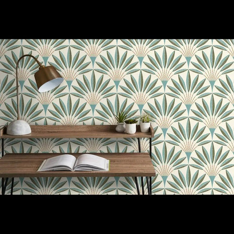 Knockout Modern Geometric Wallpaper With Rock Solid Polyester And Natural Fiber Build Featuring A Slick Linen Finish Pvc Free Heavy Duty Material Worth Every Penny For Busy Homes Or Commercial Renovation Projects in green and beige leaf design.