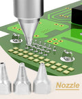 Get These 3 Pcs Heavy Duty Nozzle Kit For S-993A And S-995A Electric Desoldering Pumps With 1MM 1.5MM And 2MM Tips For Your Welding Game showing aluminum nozzles above a circuit board.