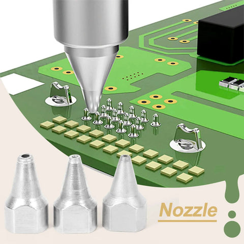 Get These 3 Pcs Heavy Duty Nozzle Kit For S-993A And S-995A Electric Desoldering Pumps With 1MM 1.5MM And 2MM Tips For Your Welding Game showing aluminum nozzles above a circuit board.