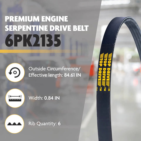Premium EPDM Serpentine Drive Belt 6PK2135 For Cars And SUVs with 84.61 IN length and 6 ribs, Built Tough Durable Polyester Cord