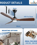 52 Inch Outdoor Ceiling Fan With Light Three Blade Modern Walnut Vibe Dimmable LED Lighting Remote Ultra Quiet DC Motor Reversible For Year Round Comfort Timer Perfect For Patios Decks And Outdoor Living Areas product details showing dimensions and room setup options.