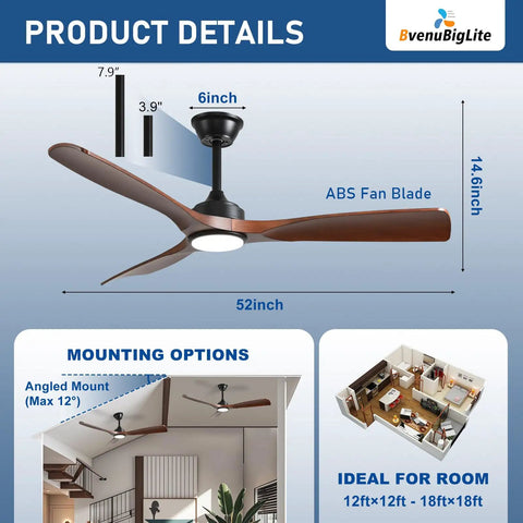 52 Inch Outdoor Ceiling Fan With Light Three Blade Modern Walnut Vibe Dimmable LED Lighting Remote Ultra Quiet DC Motor Reversible For Year Round Comfort Timer Perfect For Patios Decks And Outdoor Living Areas product details showing dimensions and room setup options.