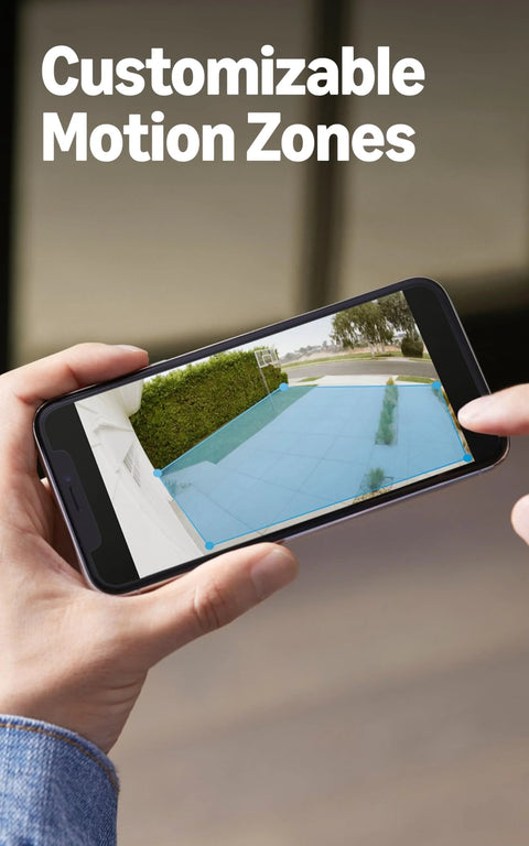 Ring Floodlight Cam Wired Plus outdoor security camera, white; front view of a smartphone showing motion-zone overlay