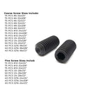 Pro Grade Alloy Steel Cup Point Allen Socket Set Screw Kit In Black Oxide Finish with visible coarse and fine screw sizes list