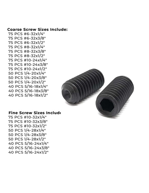 Pro Grade Alloy Steel Cup Point Allen Socket Set Screw Kit In Black Oxide Finish with visible coarse and fine screw sizes list