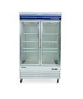 Heavy Duty Commercial Upright Merchandiser Freezer With Digital Temp Readout Eight Coated Wire Shelves Frost Free Auto Cycle Built Tough For Retail Or Restaurant Use In Classic White Finish, front view with double glass doors.