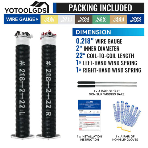 Pair Of 2 Inch Garage Door Torsion Springs Kit With Non Slip Winding Bars And Gloves For Replacement Oil Free Black Coated High Precision 16,000 Cycles Includes Winding Bars Gloves And Installation Instructions 0 218 X 2 X 22 Inches with details on wire gauge and accessories.
