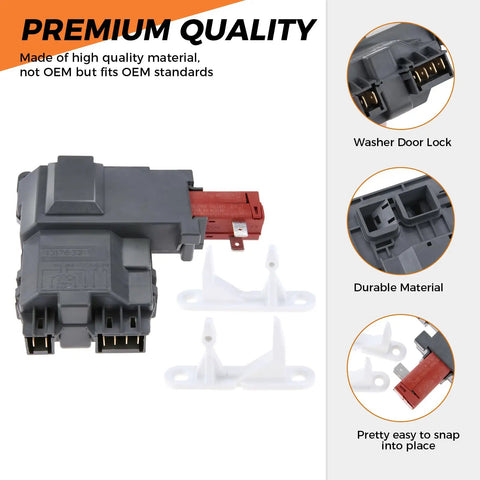 Washer Door Lock Switch With Door Strike Replacement Kit, Easy Install And Durable, shown with lock and strike components.
