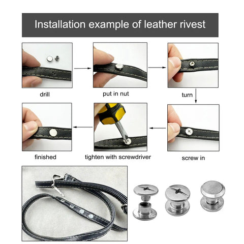 Installation steps of Knockout Quality 200 Piece Chicago Screws Leather Rivets Phillips Head Cross Slot Binding Kit on leather.