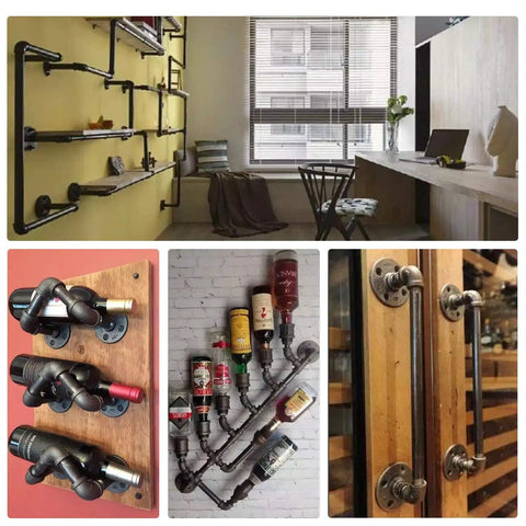 Collage showing One Half Inch Floor Flange Set For DIY Furniture And Shelving In Industrial Vintage Malleable Iron Pipe Fittings