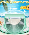 Large Pop Up Baby Beach Tent With Mosquito Net Portable Sun Shade For Travel shown on a sunny beach