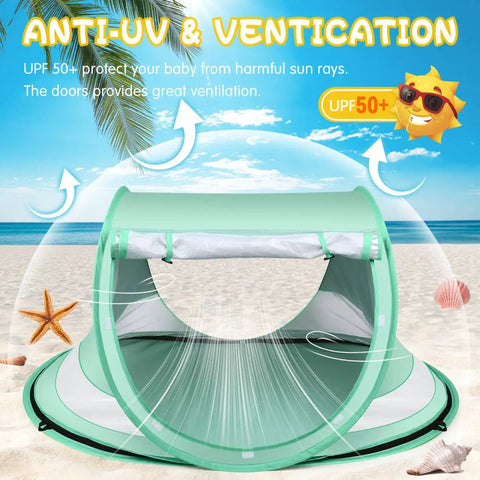 Large Pop Up Baby Beach Tent With Mosquito Net Portable Sun Shade For Travel shown on a sunny beach