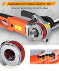 Npt Pipe Threader Machine 2300W With Six Hss Dies For One Half To Two Inch Conduit showing HSS dies, orange handheld body, and pipe threading detail.