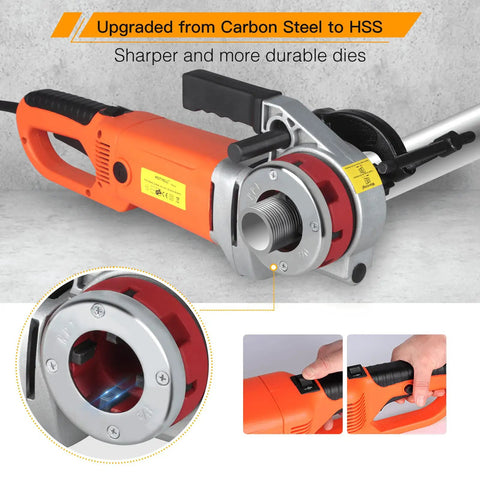 Npt Pipe Threader Machine 2300W With Six Hss Dies For One Half To Two Inch Conduit showing HSS dies, orange handheld body, and pipe threading detail.