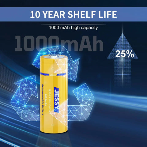 18500 3.2V LiFePO4 Rechargeable Batteries With Smart 4 Slot Charger 1000mAh Each, high capacity, 10-year shelf life.