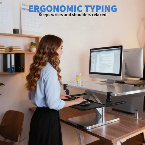 Woman using Under Desk Keyboard Tray That Slides Out Like A Boss Full Metal Build at ergonomic standing workstation