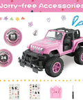 Pink DIY Sticker RC Jeep For Girls With 2.4Ghz Remote Control Off Road Little Girl Toy Car Personalize Your Ride With Sticker Kit Super Cute Birthday Or Christmas Gift For Ages 3 And Up, with accessories and stickers shown.