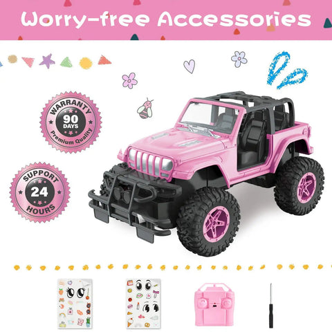 Pink DIY Sticker RC Jeep For Girls With 2.4Ghz Remote Control Off Road Little Girl Toy Car Personalize Your Ride With Sticker Kit Super Cute Birthday Or Christmas Gift For Ages 3 And Up, with accessories and stickers shown.