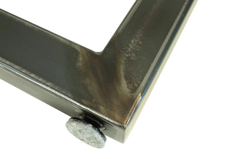 Close-up of Rustic Industrial Metal Table Legs Set Of Two In U Style USA Made showing adjustable leveling foot and distressed finish.