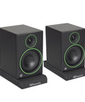 Pair Of Small Studio Monitor Isolation Pads With Removable Angled Inserts For 5 Inch Monitors Foam Speaker Cushions To Elevate Desk Acoustics Cut Vibration And Deliver Clearer Home Studio Sound showing two monitors on black pads.
