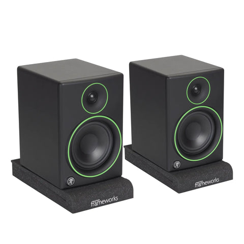 Pair Of Small Studio Monitor Isolation Pads With Removable Angled Inserts For 5 Inch Monitors Foam Speaker Cushions To Elevate Desk Acoustics Cut Vibration And Deliver Clearer Home Studio Sound showing two monitors on black pads.