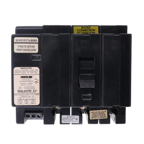 3 Pole Ehb Powerlink Circuit Breaker 277V 20A Black Badge, showing three poles and wiring connections for reliable performance.