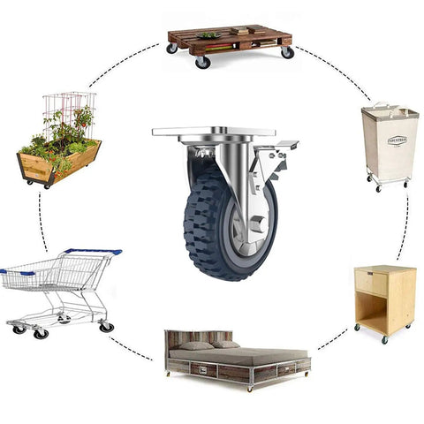 Heavy Duty Polyurethane Caster Wheels Set Of Four All Terrain Swivel Casters With Secure Locking Brakes on various furniture and carts.