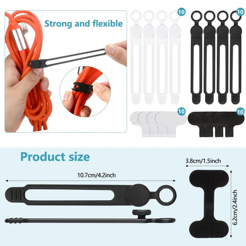 Hands using 40 Piece Silicone Cable Tie And Label Set For Wires, showing 20 ties and 20 labels, multipurpose organizer.