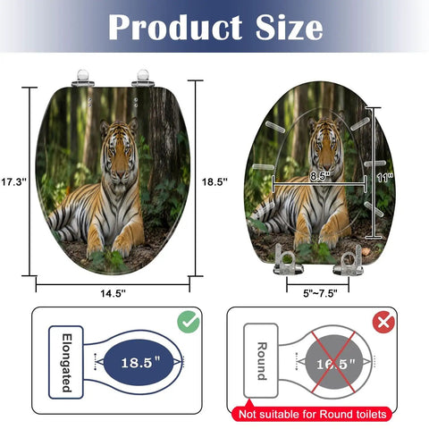 Elongated Tiger portrait Toilet Seat dimensions shown, featuring an 18.5" length for elongated toilets with detailed tiger image.